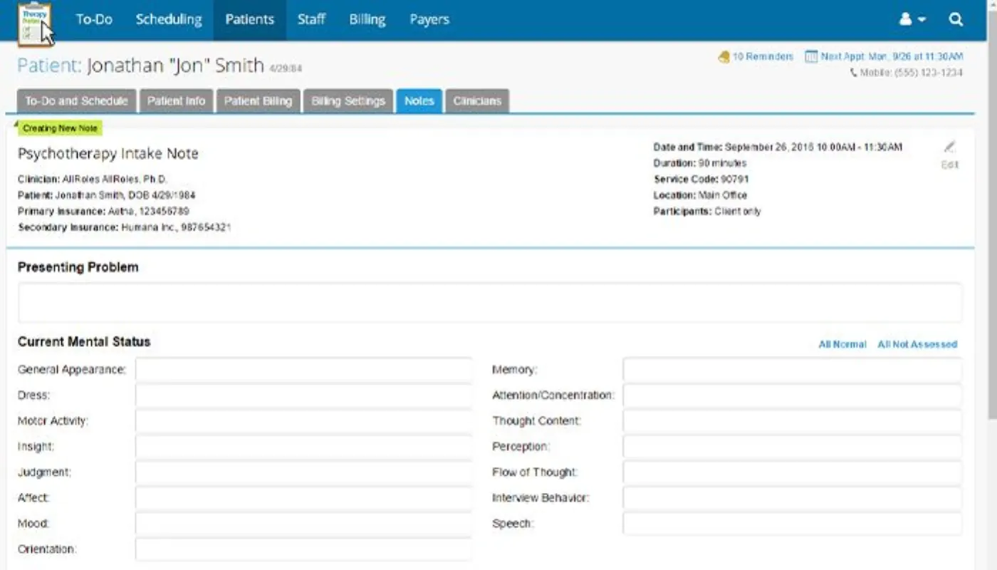 TherapyNotes product screenshot
