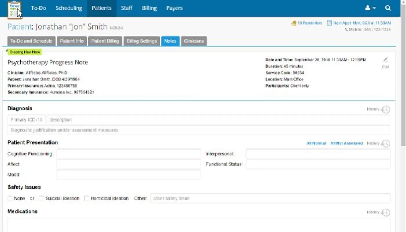 TherapyNotes product screenshot